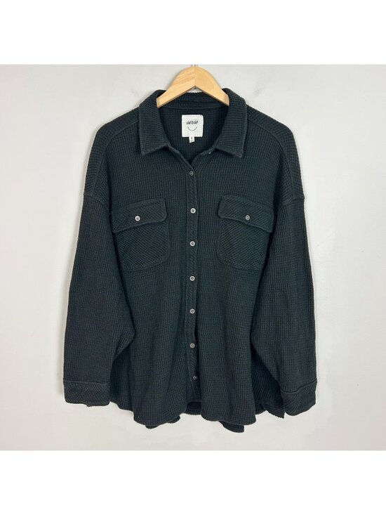 aerie Tops - Aerie Waffle Lumber Jane Button Front Shirt Black Oversized Size XL Women's
